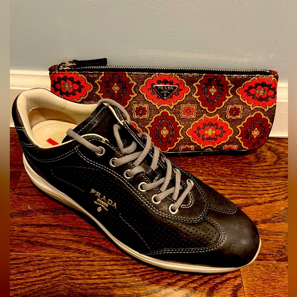 Prada Black Leather Low-Top Sneakers with White Sole